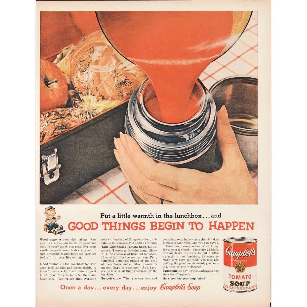 1959 Campbell's Tomato Soup Vintage Print Ad Lunch Box Thermos Housewife Art 50s